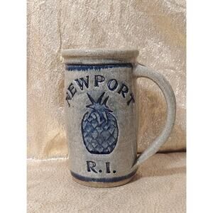 Vintage NEWPORT RHODE ISLAND Stoneware Salt Glazed Coffee Mug Cup Blue Pineapple